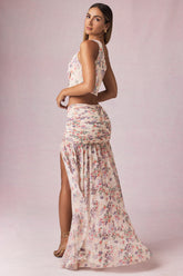 Asymmetric Ruched Maxi Skirt in Primrose Floral Print